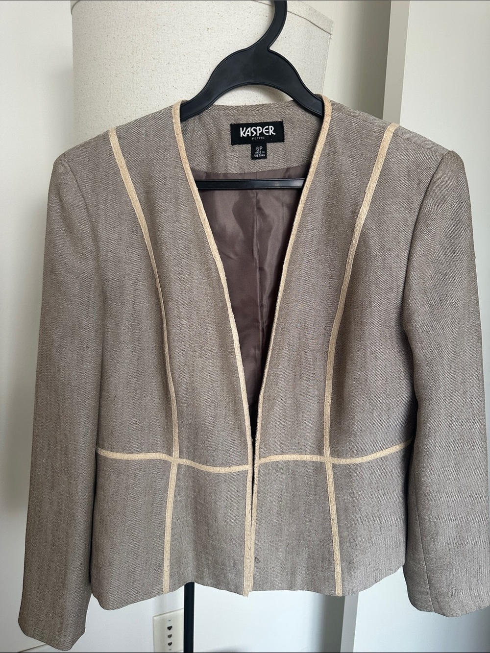 Kasper Taupe Open-Front Blazer with Cream Trim
